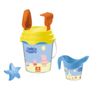 Happy People Sandeimer-Set Peppa Pig, 6-teilig mit Eimer, Schaufel, Harke, Sieb, Gießkanne und Sandform.