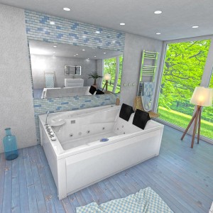 Weiße AquaVapore Whirlpool Badewanne 180x135cm mit schwarzen Nackenkissen im Badezimmer.