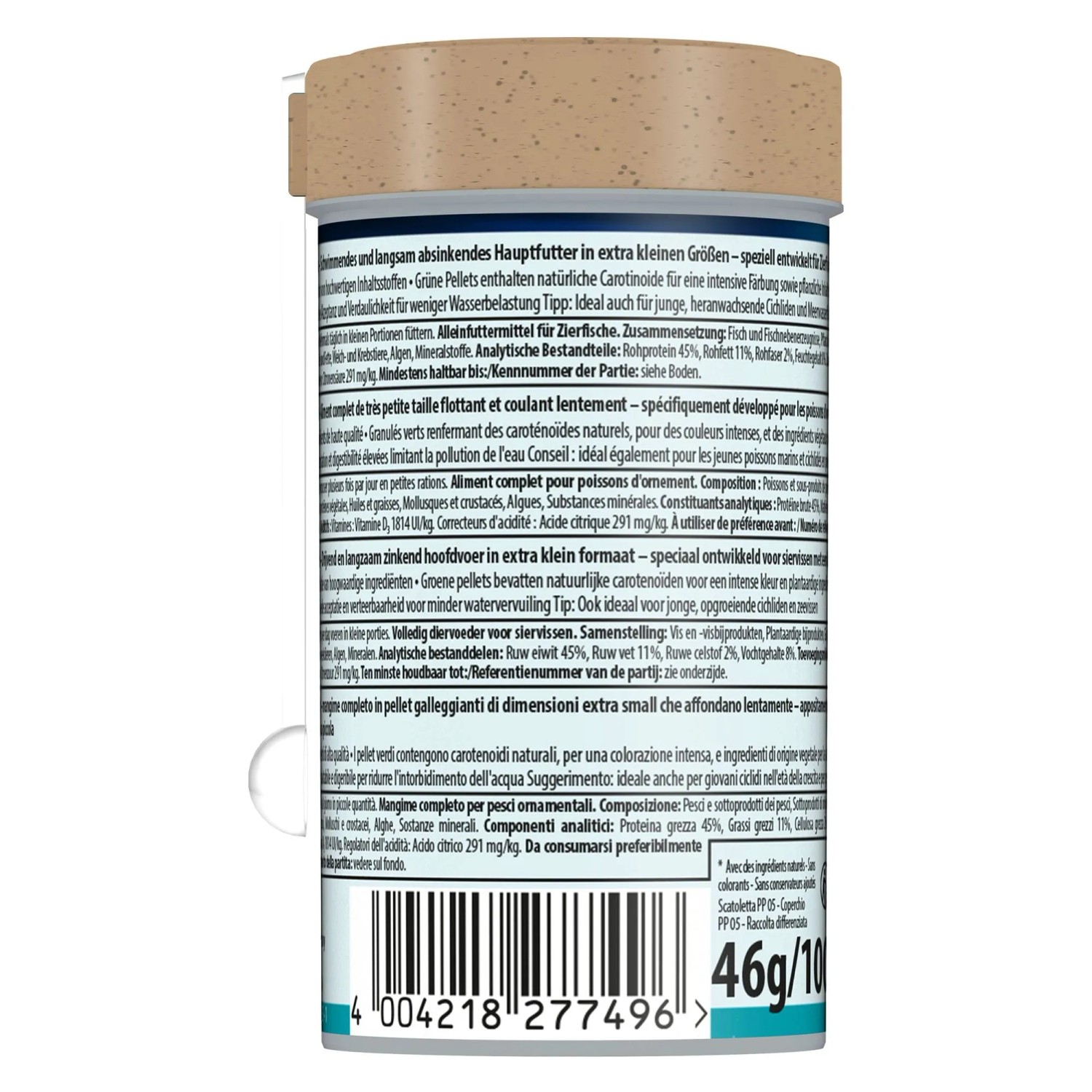Tetra Fischfutter-Granulat Micro Pellets 100 ml. Weißer Behälter, brauner Deckel, Etikett. Für Zierfische, intensive Färbung.