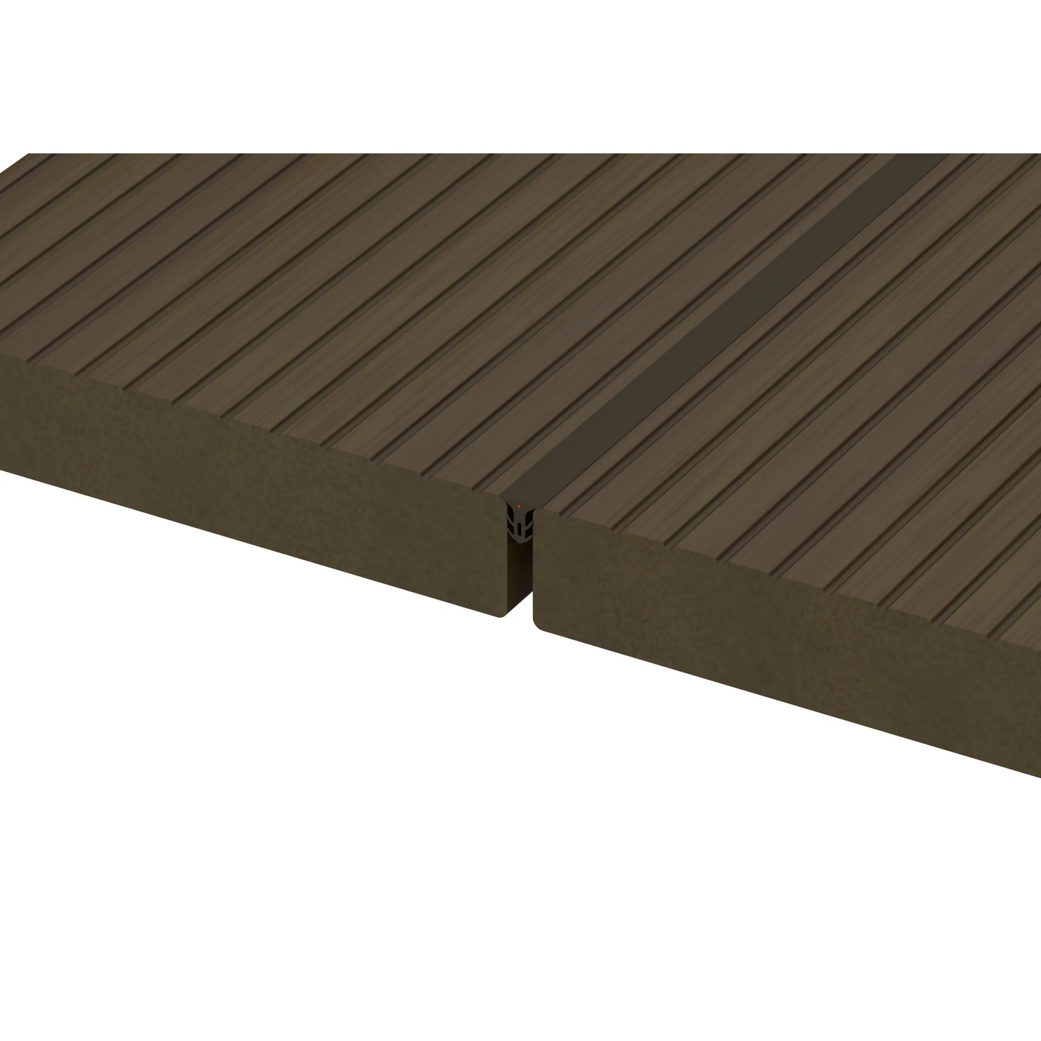 Schwarze Fugendichtung (5-7mm) zwischen braunen Terrassendielen für optimale Abdichtung.