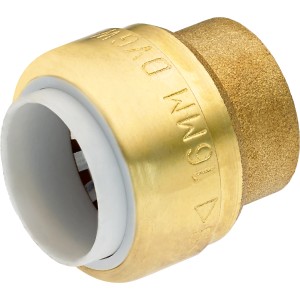 Steckkappe aus Messing, Ø 16 mm, für Steckfittings zum Abdichten von Wasser- und Heizungsrohren.