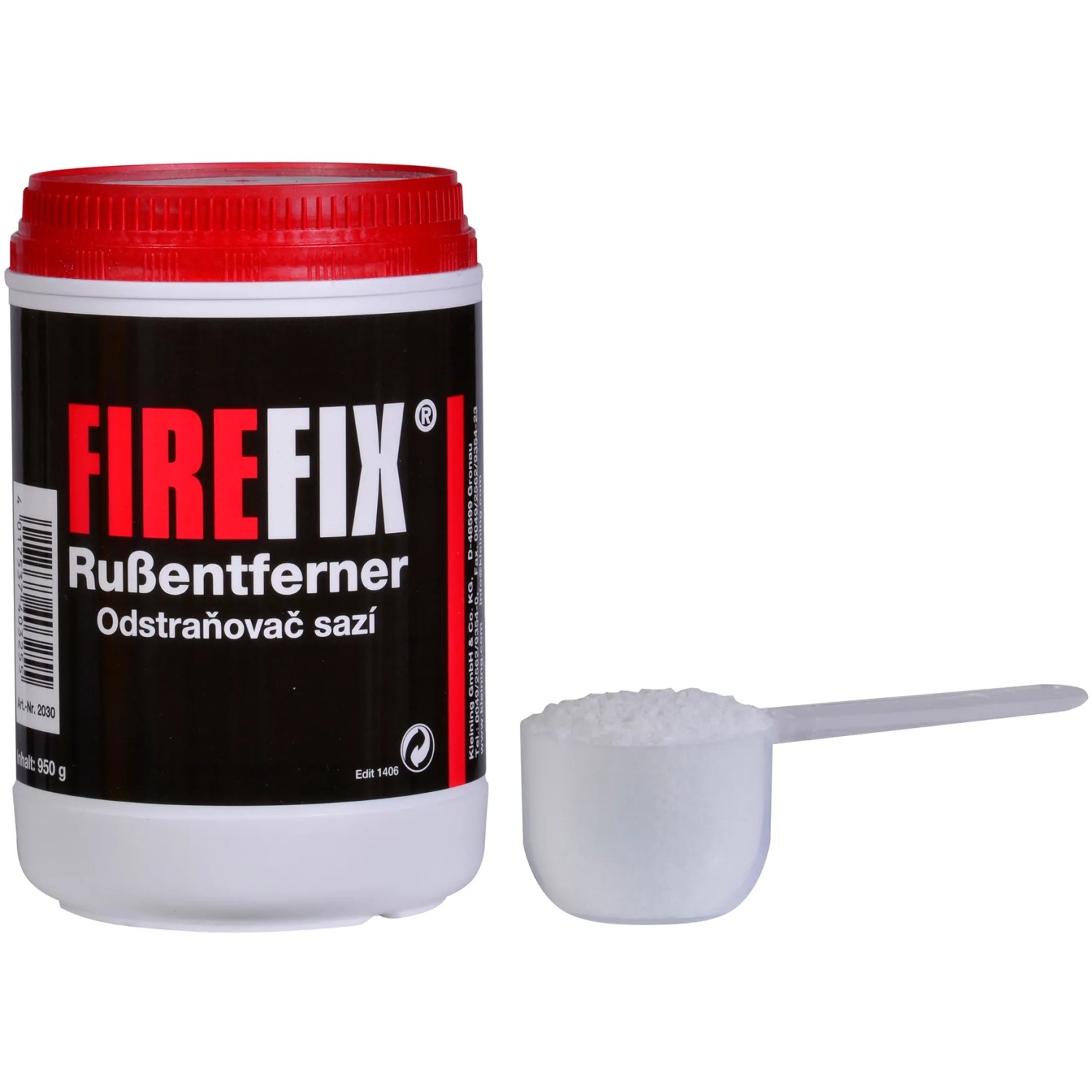 Firefix Rußentferner 950g Dose mit Dosierlöffel für Kamin- und Ofenzubehör.