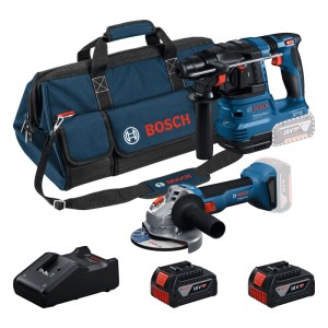 Bosch Professional Combi-Set mit blauem Bohrhammer, Winkelschleifer, 2 Akkus, Ladegerät und Werkzeugtasche.