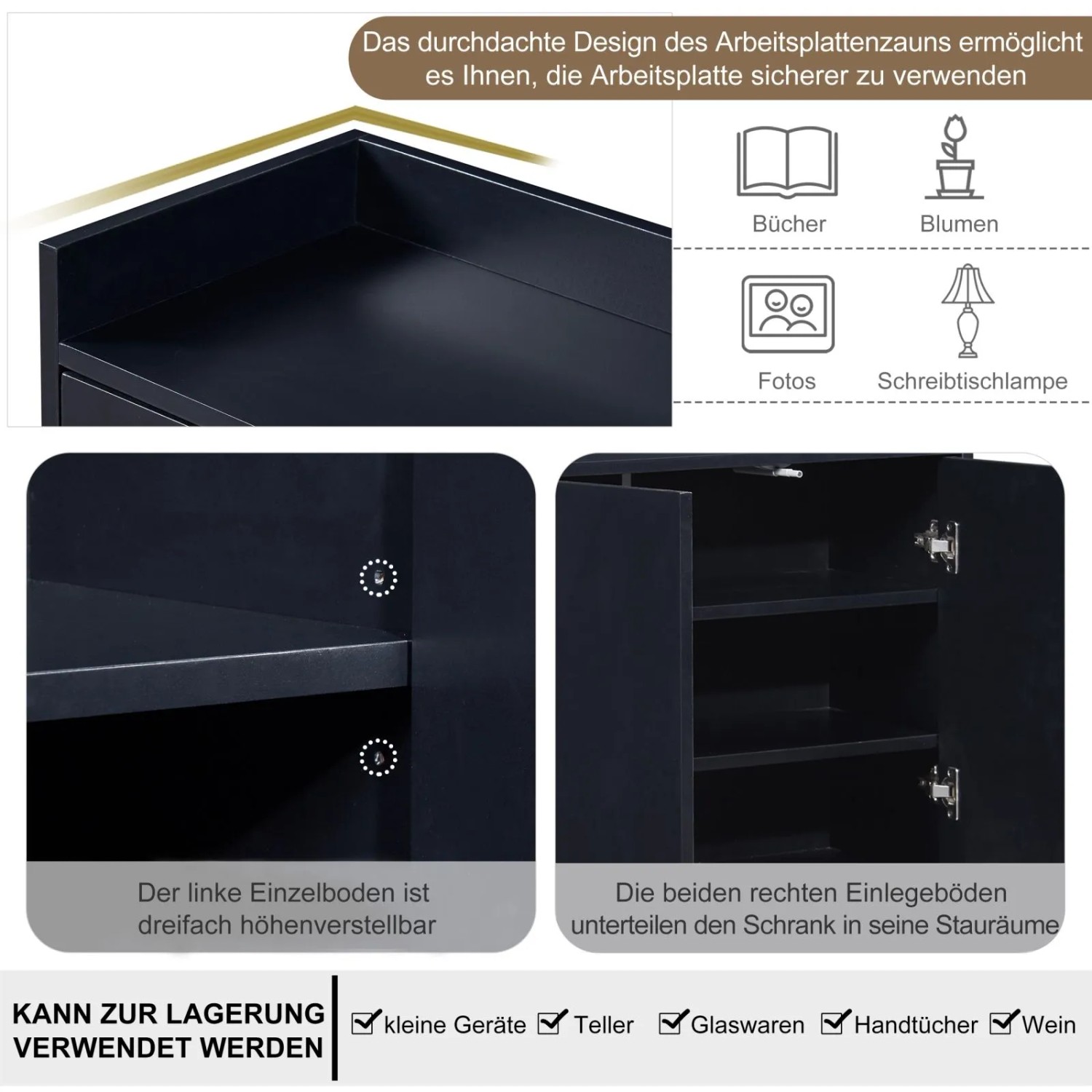Schwarzer PXloue Buffetschrank/Sideboard mit 4 Türen für Ess- und Wohnzimmer, Details der Stauraumaufteilung.
