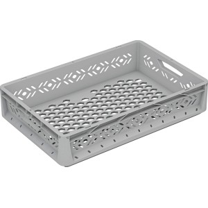 Graue, durchbrochene Eurobox-System Box 60x40x12 cm für Aufbewahrung und Transport.