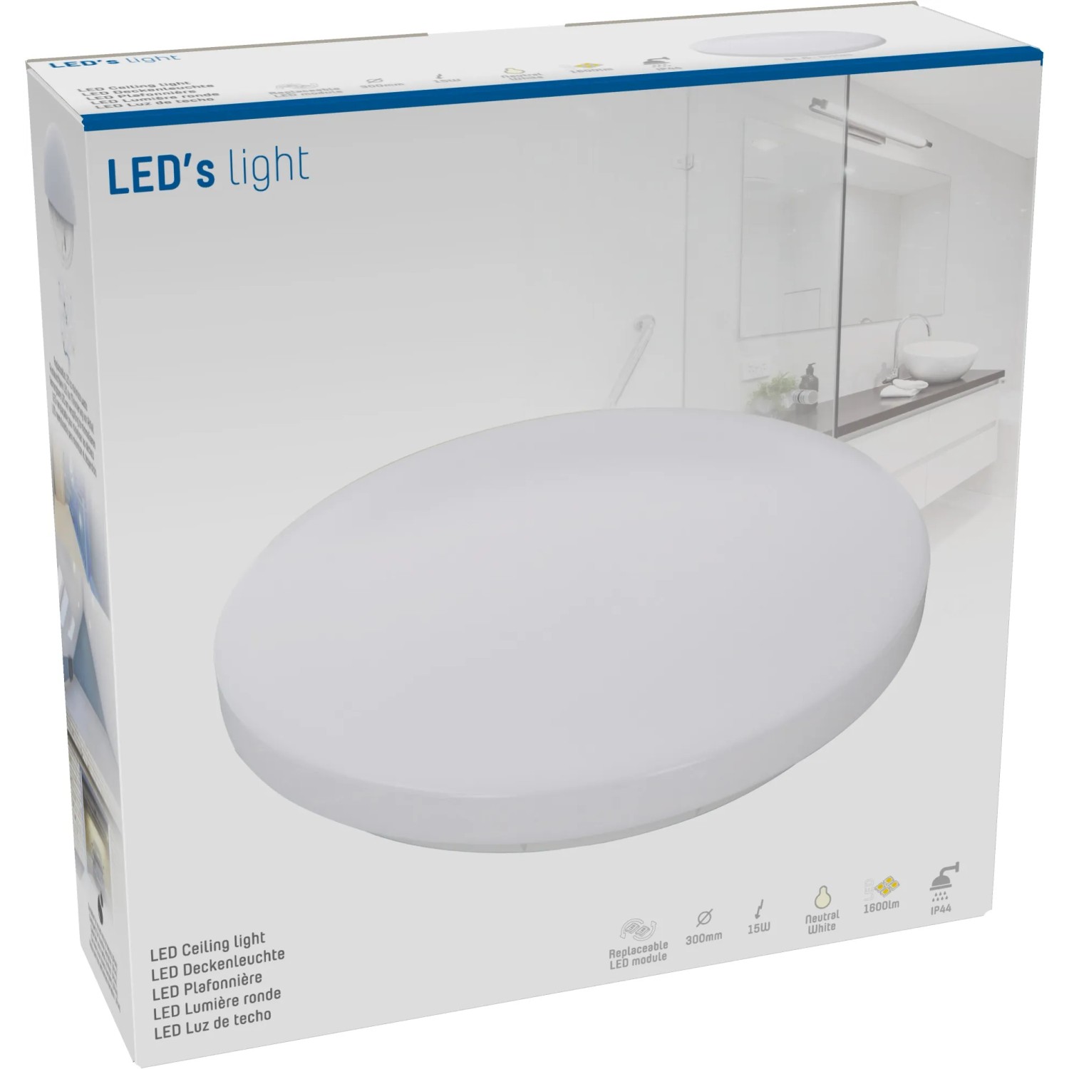 Verpackung einer runden, weißen LED-Deckenleuchte, 15W, 4000K, IP44, Ø 30cm.