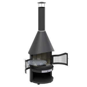 Schwarzer Grillkamin Richmond mit Edelstahlrost und hitzebeständiger Lackierung.