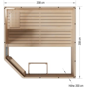 Eilo 5-Eck Sauna EL-BE 40-2121E, Blockbohlen-Elementbauweise mit Glastür und Seitenteil, Draufsicht.