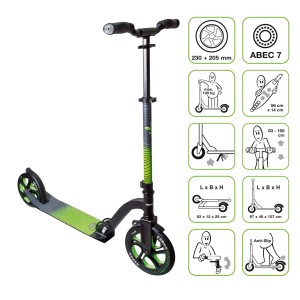 Muuwmi Aluminium Scooter Pro, Tretroller in Grün mit verstellbarem Lenker und XL-Deck.