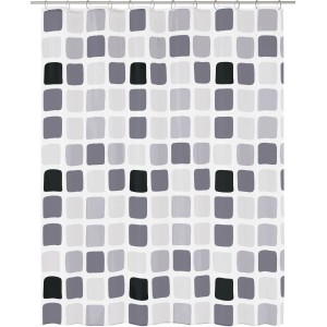 Anthrazitfarbener Duschvorhang Kleine Wolke Sonny mit grafischem Kachelmuster, 180x200 cm.
