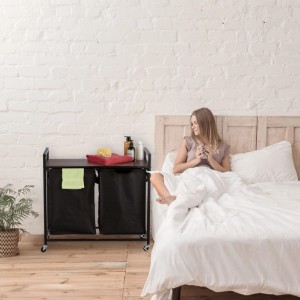 Relaxdays Wäschekorbregal MDF Polyester Eisen Schwarz Dunkelbraun Mit Rollen Ausziehbar 75,5 x 80 x 33 cm 6,9 kg