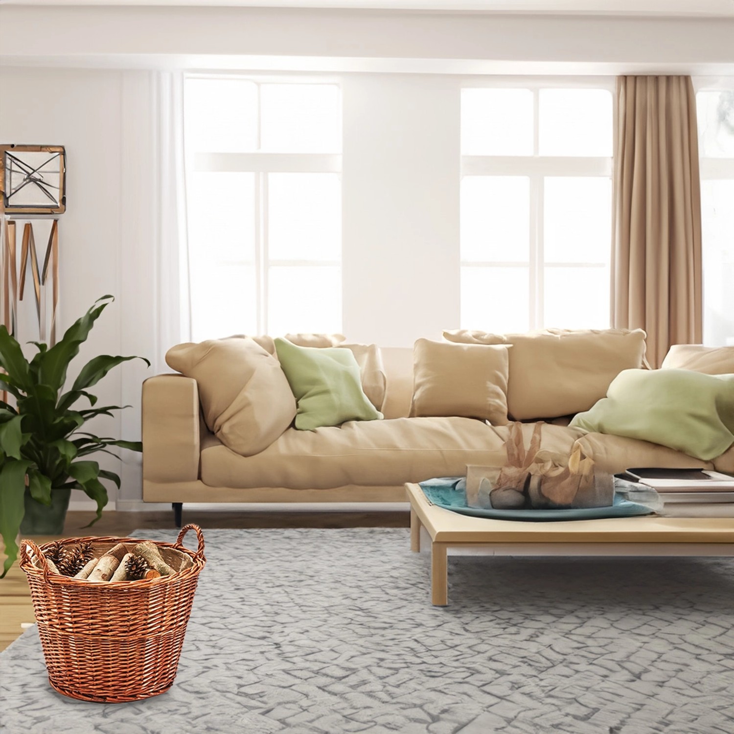 Runder Kaminholzkorb aus Weide mit Jute und Henkeln, gefüllt mit Holzscheiten im Wohnzimmer.