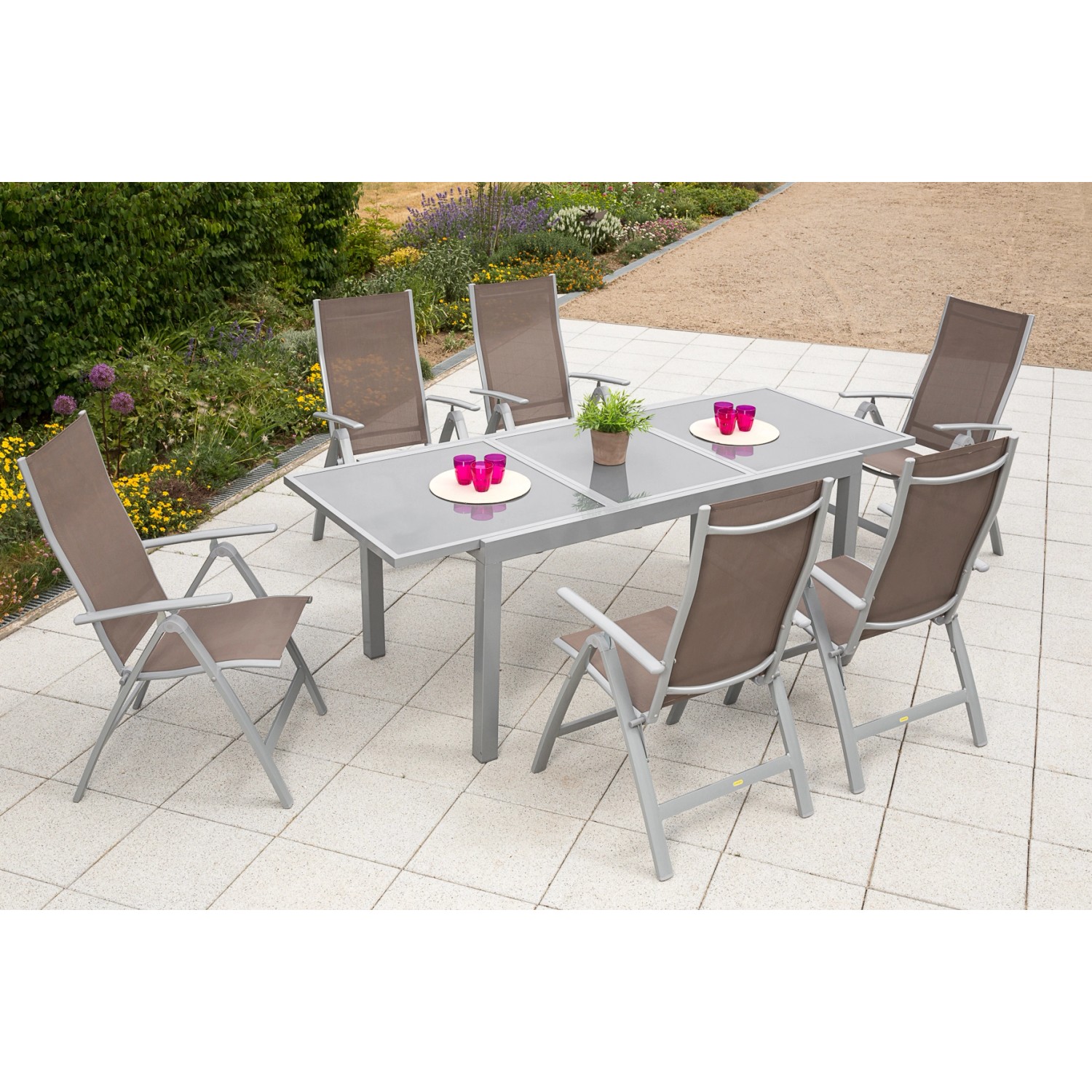 7-teiliges Gartenmöbel-Set Carrara in Taupe mit Ausziehtisch (160/220x90cm) und 6 Klappsesseln.