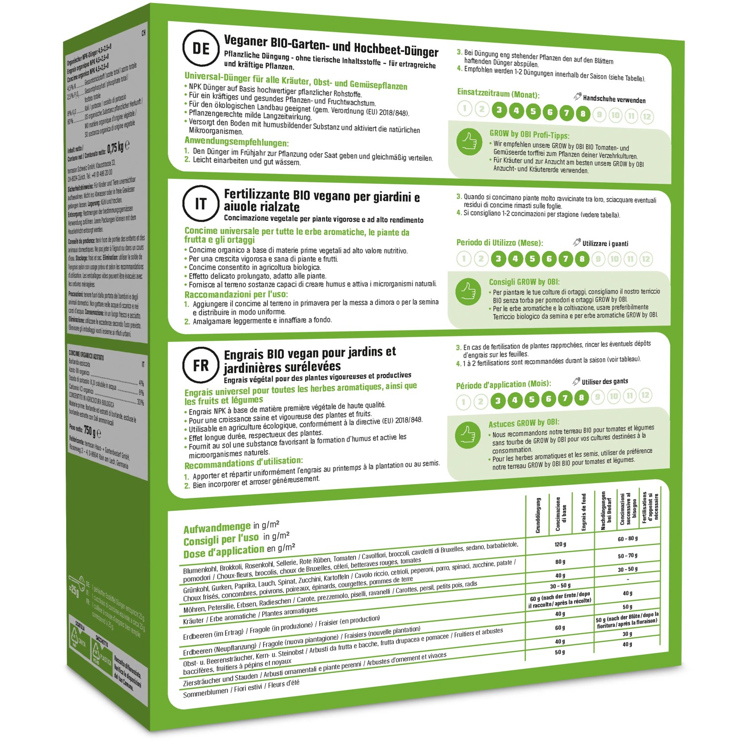 GROW by OBI Veganer Bio-Dünger für Garten und Hochbeet, 750g Packung.
