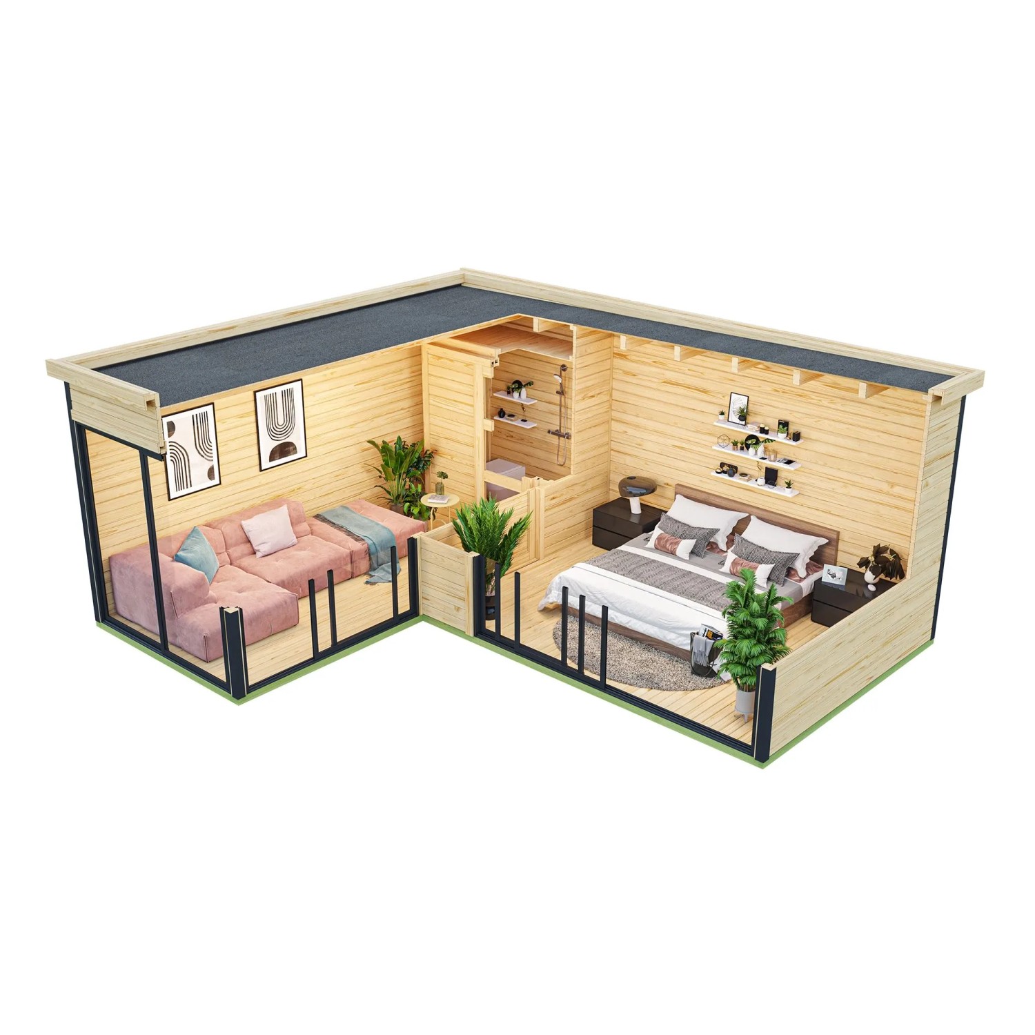 Lasita Gartenhaus Domeo 11, Carbongrau, 600x500 cm, mit Wohn- und Schlafbereich. Holz-Gartenhaus mit Flachdach.