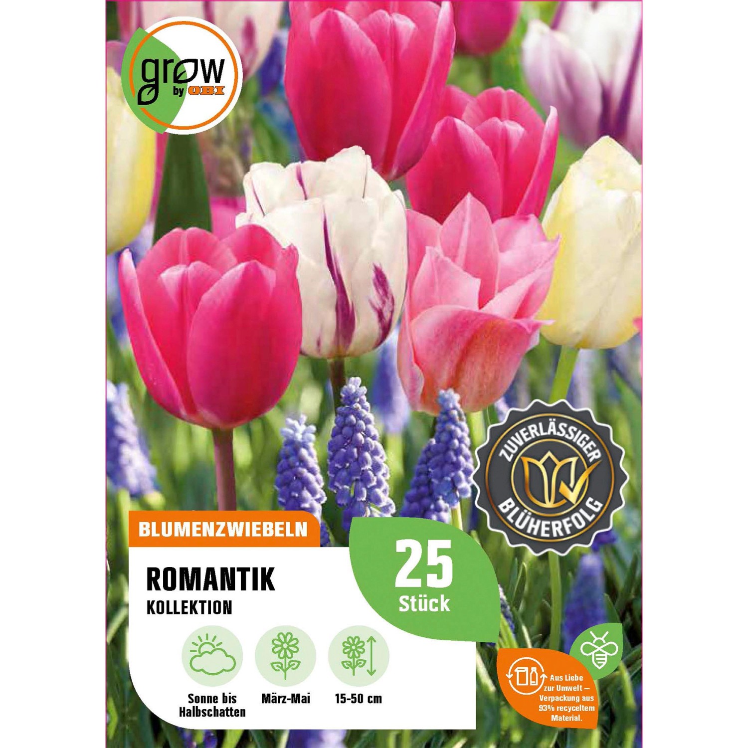 GROW by OBI Romantik-Kollektion, 25 Blumenzwiebeln in Rosa-, Weiß- und Blautönen für Beet und Kübel.