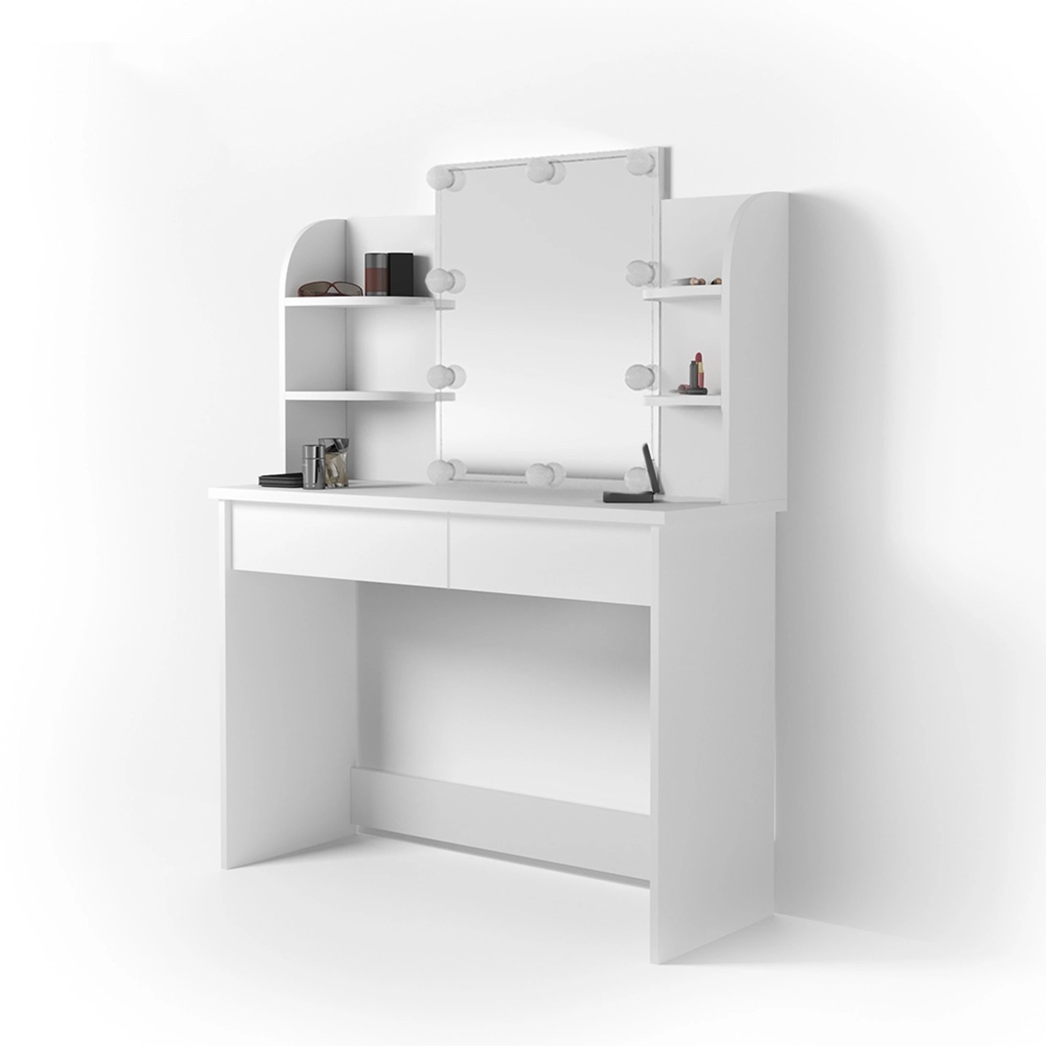 Weißer Vicco Schminktisch Charlotte 108 cm mit LED-Beleuchtung und Spiegel.