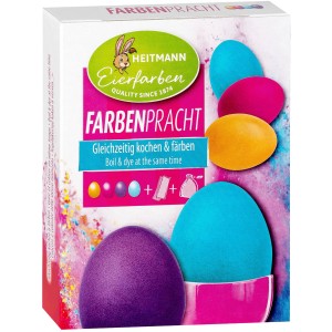 Brauns-Heitmann Eierfarben Farbenpracht mit 4 Farben (Pink, Türkis, Orange, Violett) und Zubehör für bunte Ostereier.