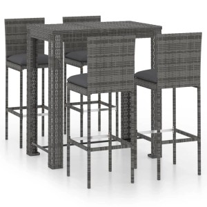 Graues 5-tlg. vidaXL Gartenbar-Set aus Rattan mit Tisch, 4 Hockern und Kissen.