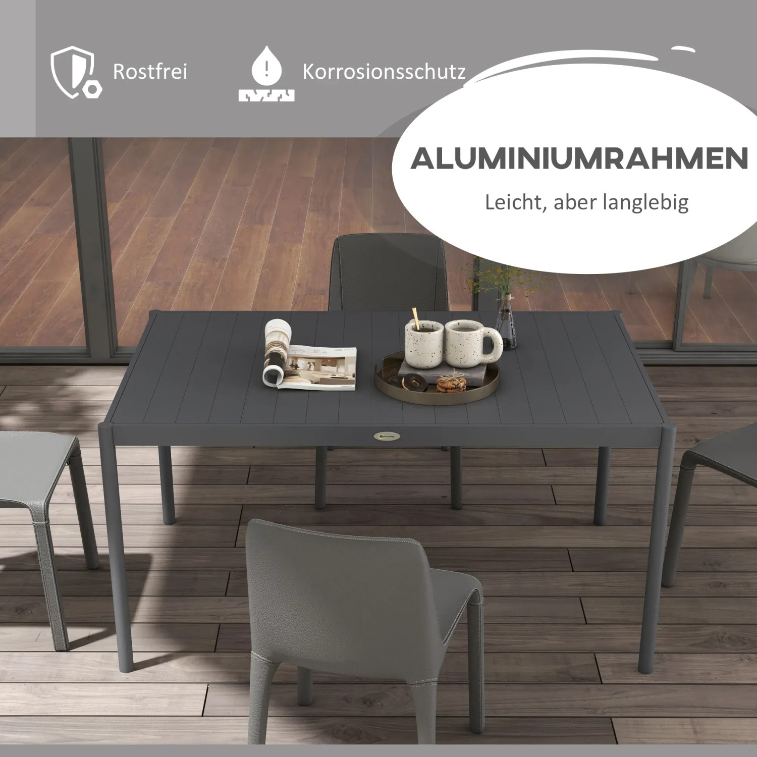 Outsunny Gartentisch mit Lamellendesign für 6 Personen, pflegeleicht und mit Aluminiumrahmen.