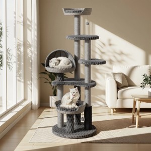 Grauer 160cm Kratzbaum mit mehreren Liegeflächen, Kratzstämmen und Spielbällen. Zwei Katzen nutzen den Kletterbaum.