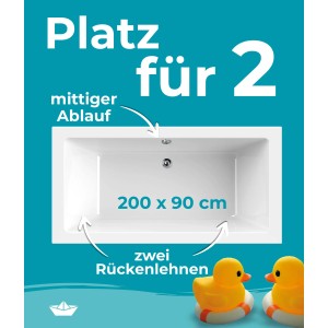 Rechteckige Calmwaters Duobadewanne 200x90 cm mit mittigem Ablauf und zwei Rückenlehnen.