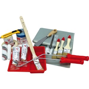 Maler-Set mit Pinseln, Walzen, Farbwanne, Spachtel, Abdeckfolie und Klebeband für Heimwerker. 14-teiliges Zubehör.