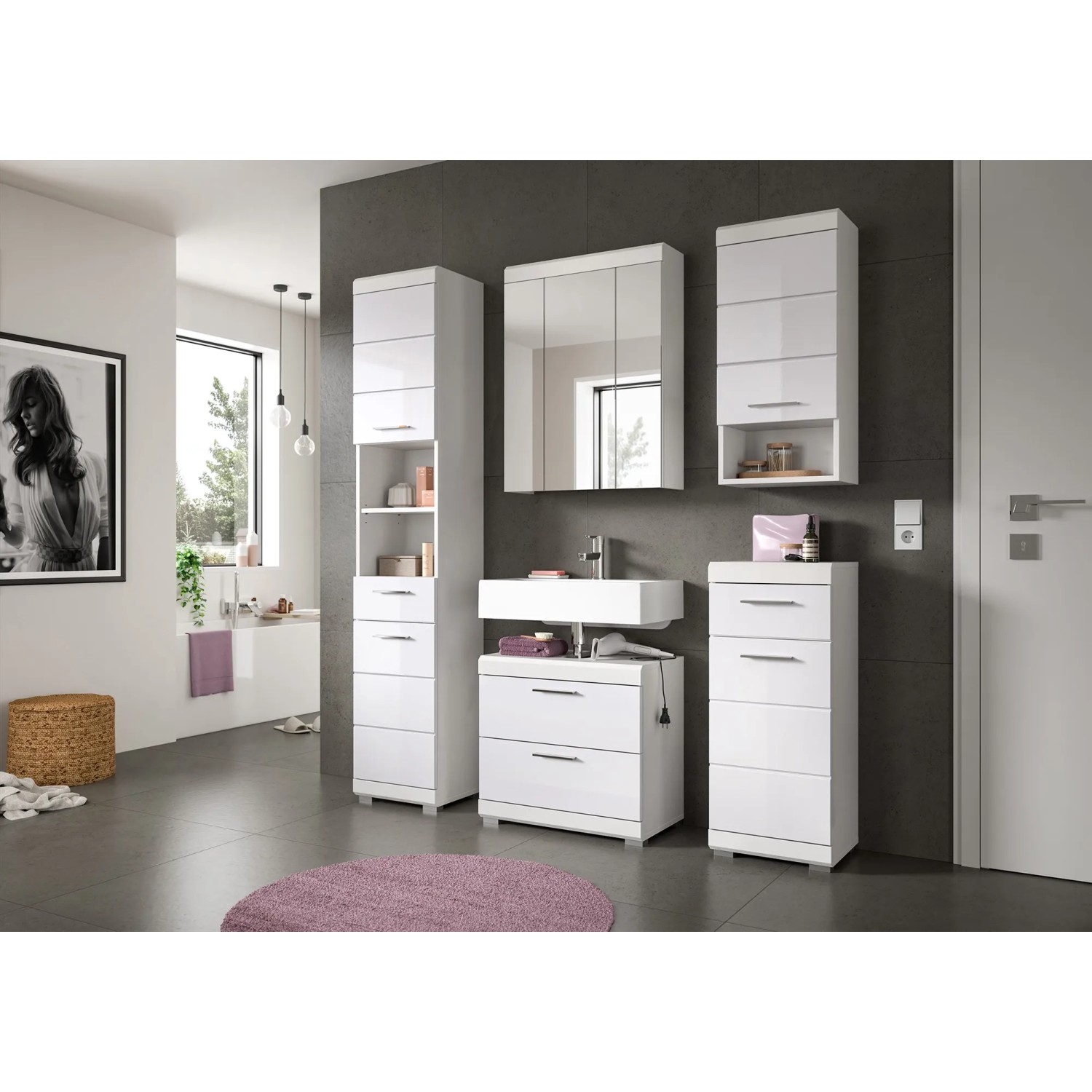 Weißer Hochglanz Waschbeckenunterschrank mit Schubladen (60cm) im modernen Badezimmer.