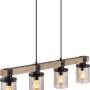 Globo Pendelleuchte mit 4 Rauchglas-Zylindern, Holz- und Metallelementen in Schwarz-Matt.