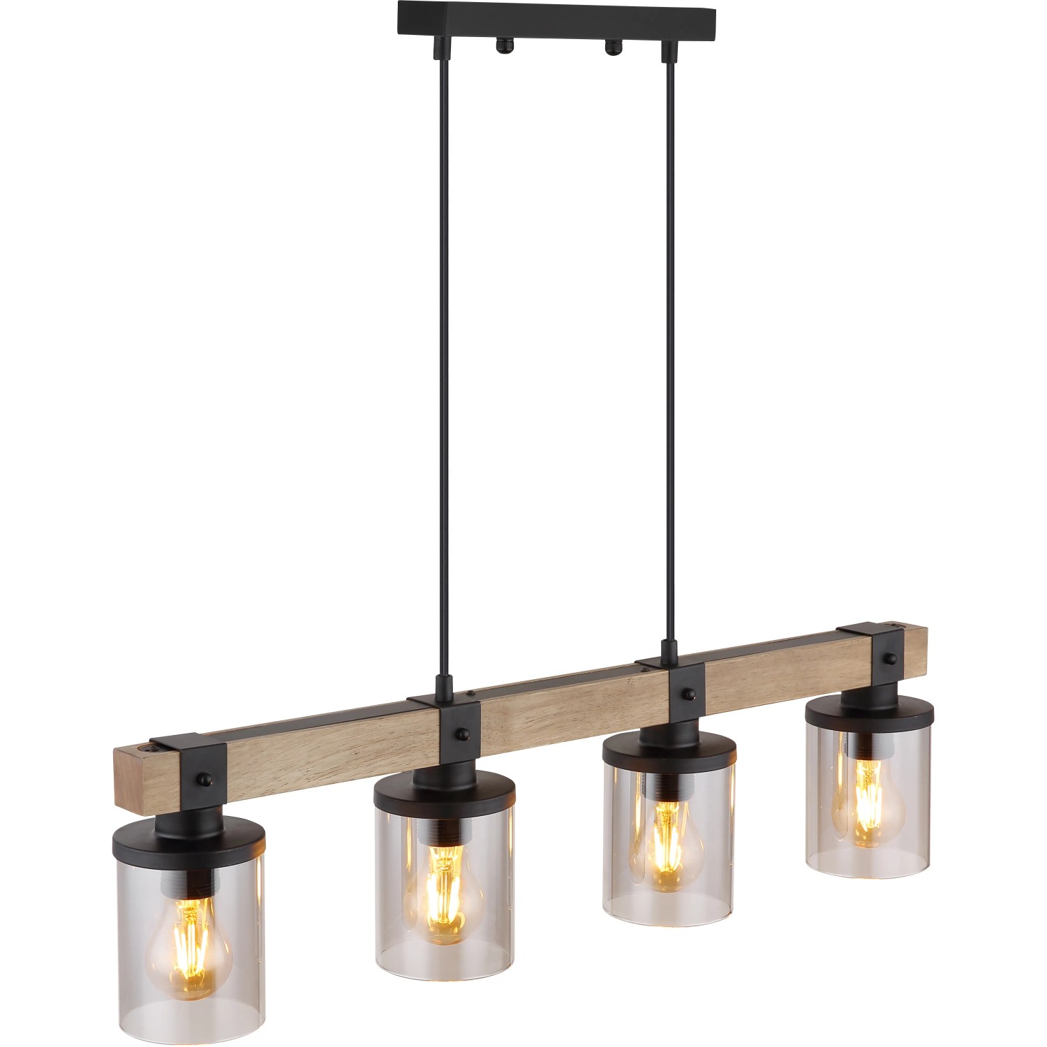 Globo Pendelleuchte mit 4 Rauchglas-Zylindern, Holz- und Metallelementen in Schwarz-Matt.