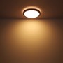 Schwarze, runde LED-Deckenleuchte Bruno mit Holzrahmen, montiert an einer Decke.
