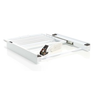 Weißer Wiltec Zwischenbaurahmen aus Stahl mit ausziehbarer Ablage, Handtuchhalter und Spanngurt für Waschmaschine/Trockner.