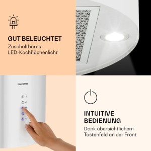 Klarstein Barella Dunstabzugshaube weiß: Helles LED-Kochflächenlicht und intuitive Tastenbedienung an der Front.