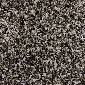 Nahaufnahme eines Terralith Marmor Steinteppichs Mix Contrasto Due. Schwarze, weiße und graue Marmorkiesel, fein 2-4 mm, für Außenbereiche.