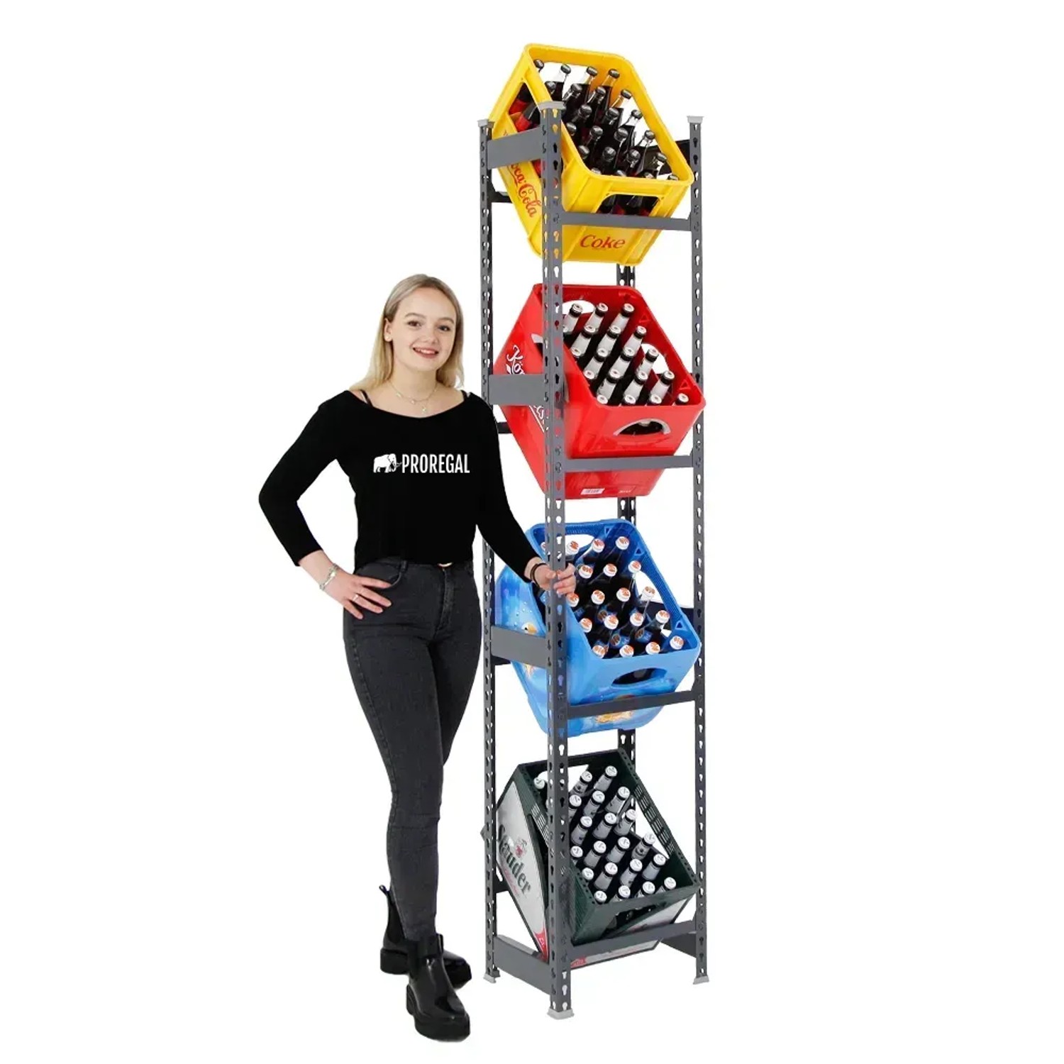 PROREGAL Getränkekistenregal, anthrazit, mit bunten Getränkekisten. Ideal für Garage oder Keller.