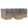 7-tlg. Garten-Sofagarnitur Beige Poly Rattan mit Tisch und grauen Kissen.