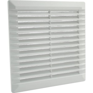 Weißes Marley Lüftungsgitter 200x200 mm für Hohlwände mit Fliegengitter.