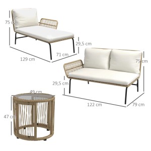 Outsunny Gartenmöbel Set aus cremeweißem PE Rattan mit Sonnenliege, 2er-Sofa und rundem Couchtisch.