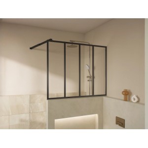 Schwarze Vente-unique Duschabtrennung Zonivra 120 cm, 4-teilig, Industrial-Stil, mit Duschkopf im Bad.