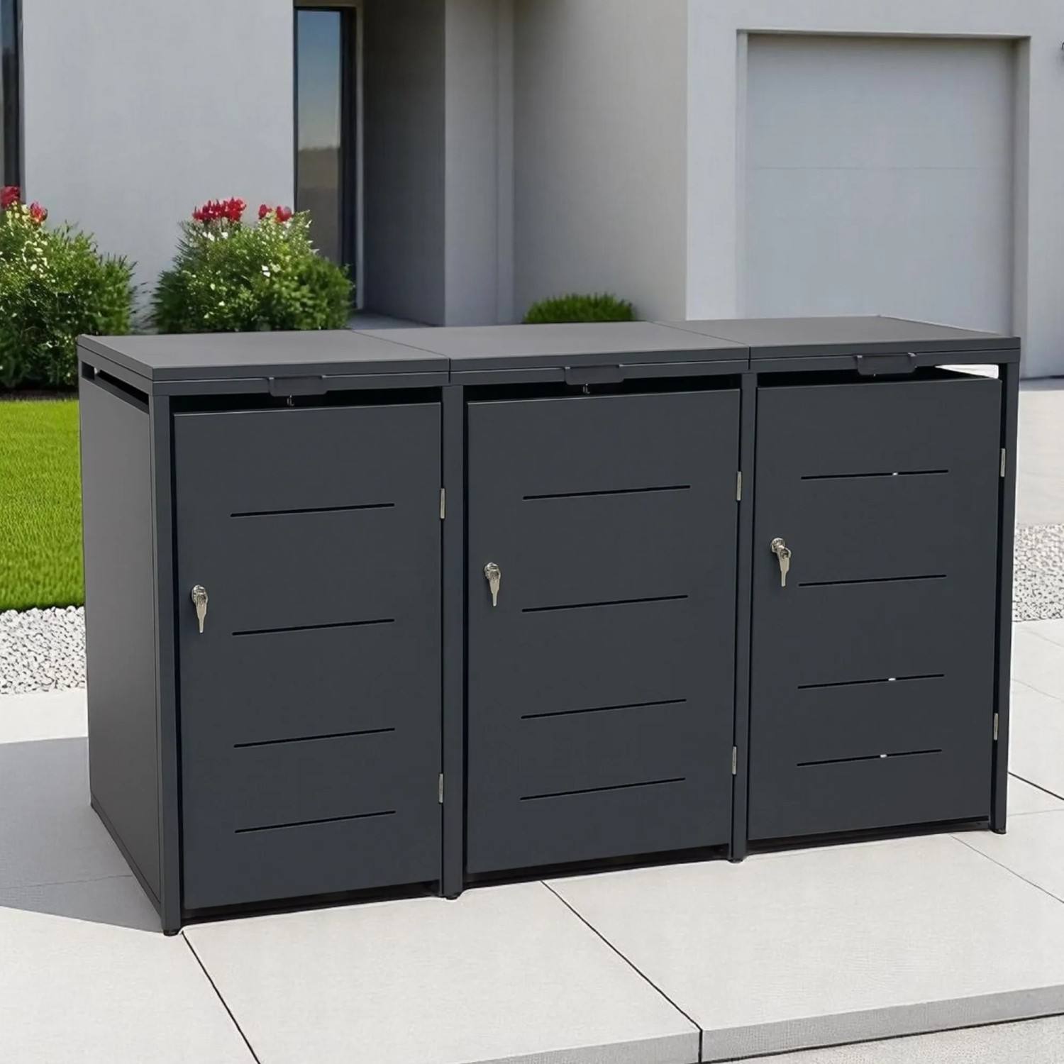 Anthrazitfarbene osoltus Metall Mülltonnenbox Conta für 3 Tonnen. Moderne Mülltonnenverkleidung aus Stahl für den Garten.