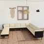 Schwarzes 12-tlg. vidaXL Garten-Lounge-Set mit cremeweißen Kissen aus Polyrattan.