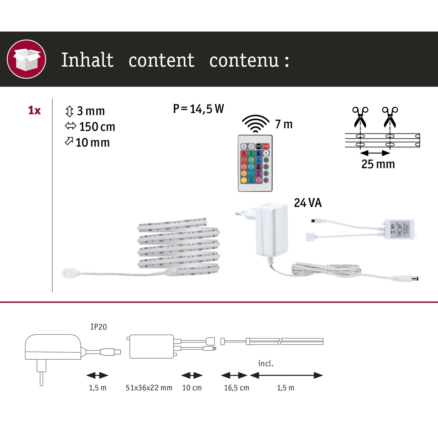 Paulmann SimpLED LED Strip COB 1,5m Komplettset, mehrfarbig, mit Netzteil und Fernbedienung.