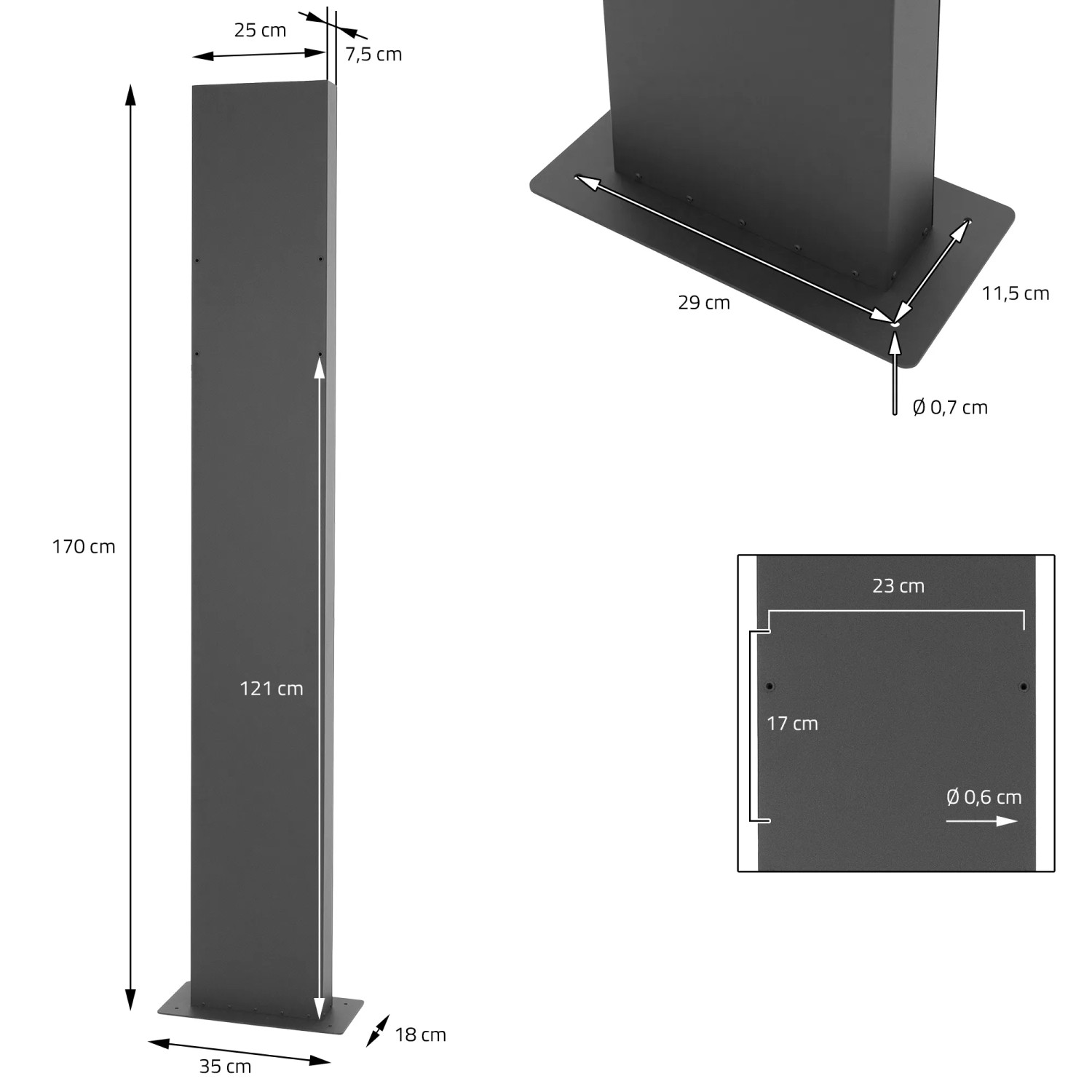 ML-Design Briefkastenständer, 170cm, anthrazit, Edelstahl, freistehend. Detailansichten mit Maßen.
