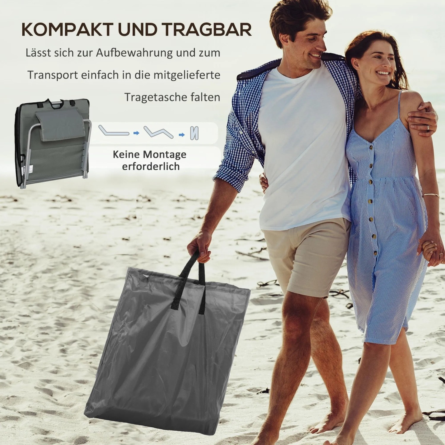 Outsunny Strandliege Stahl Oxfordstoff Grau 124L x 53B x 35-45H cm_5