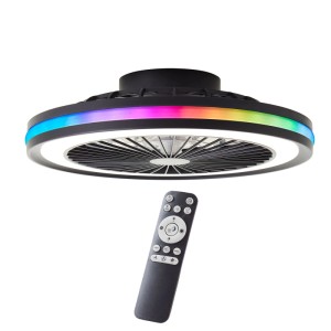 Schwarze LED-Deckenleuchte Palmero mit Ventilator und Fernbedienung, Ø 46,6 cm.