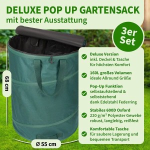 TTL GARDEN Pop Up Laubsack DELUXE 160 L 3er Set – 220 g/qm Gartensack Mit Deckel Tasche Selbststehend