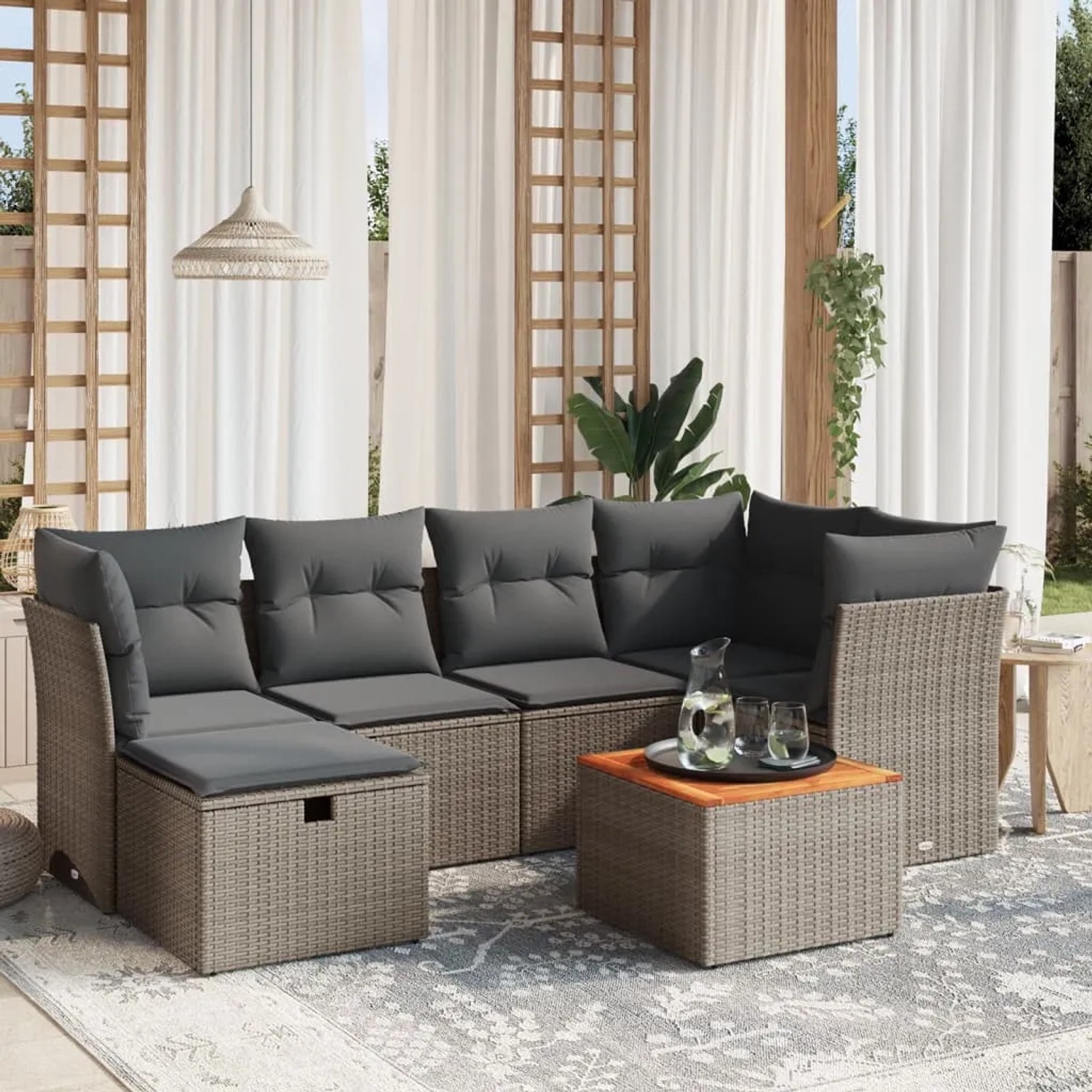 Graue 7-tlg. vidaXL Garten-Sofagarnitur aus Polyrattan mit Kissen und Tisch für Terrasse oder Garten.
