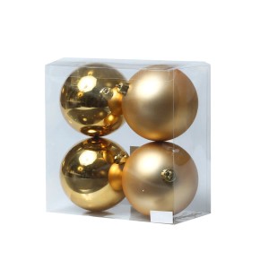 Vier goldene Christbaumkugeln aus Kunststoff, 10cm, je zwei glänzend und matt, im Set verpackt.