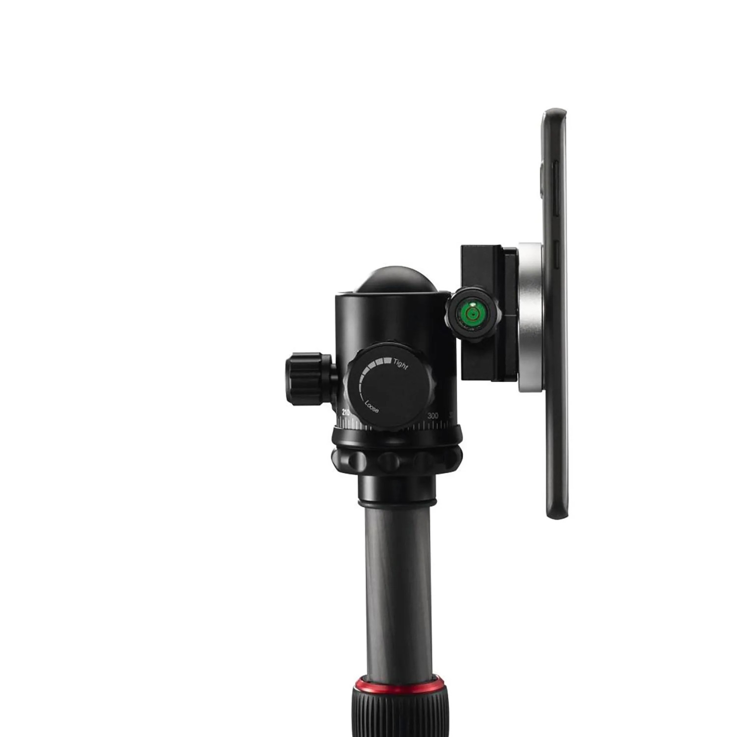 Schwarze Hama Stativ-Handyhalterung Puck magnetisch am Stativ mit Smartphone, integrierte Wasserwaage.