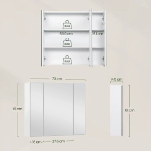 Technisches Diagramm des weißen EUGAD Spiegelschranks mit 3 Spiegeltüren, verstellbaren Einlegeböden und Haken. Maße: 70x61x14,5 cm.
